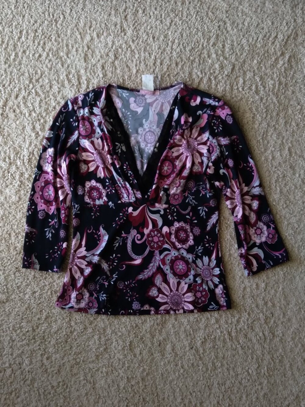 Vintage Y2K Vol 1 Black and Pink Paisley Print 3/4 Sleeve Top with Sequins Med